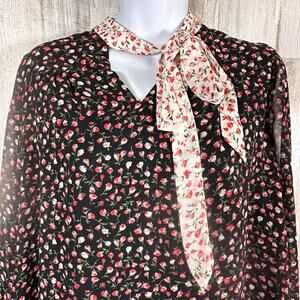 11.1 Tylho Cottagecore Dress XS | Black English Rose Floral | Tie Neck | Anthro